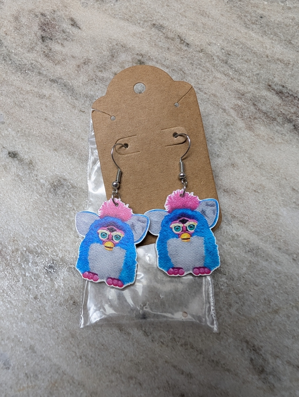 Blue and Pink Furby-Inspired Dangle Earrings